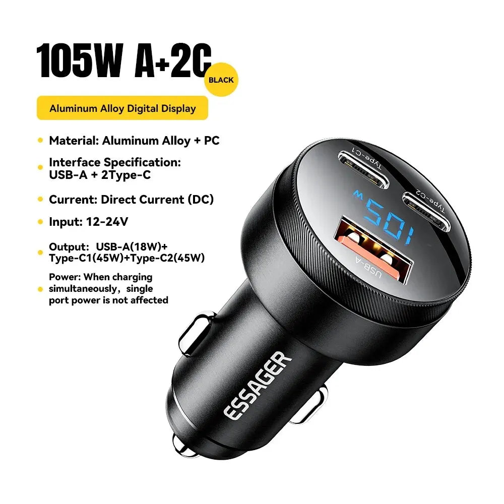 DriveNova 105W Fast Car Charger – USB-C & USB-A PD Quick Charge